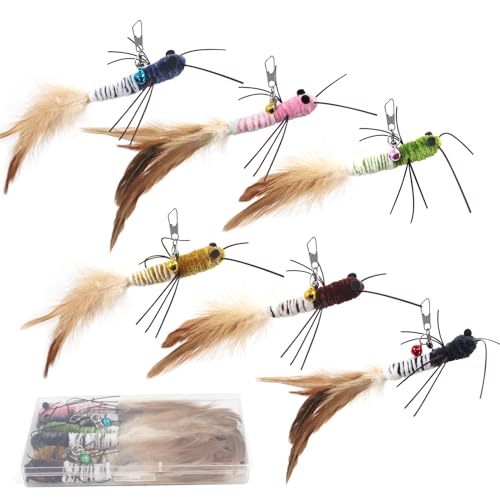 Insect Cat Toys with Feather - 6 Pieces Cat Worm Toy Refills, Cat Toy Wand Attachments, Worm Cat Toys, Interactive Toys for Indoor Cats Kittens - size: Feather Tails