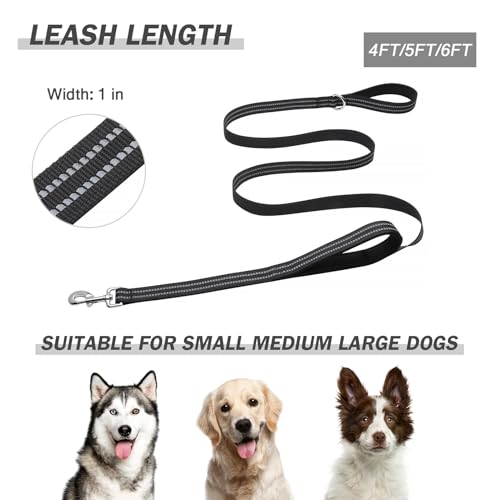 Hikiko 4 FT Heavy Duty Dog Leash with 2 Padded Handles Reflective Nylon Double Handle Dog Leash, Black - color: Black, size: 1 in x 4 ft