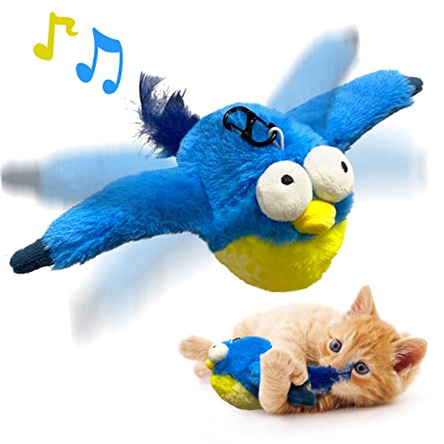 Cat Toys, Flapping Wings Blue-Bird, No Flying, Chirping Bird Interactive Catnip Toy for Kitten or Small Dogs, Touch Activated, Rechargeable - color: Blue Bird