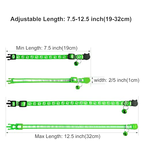 2 Pack Breakaway Cat Collars with Bells, Reflective Design and Claw Print Design, Safety Buckle Kitten Collars Adjustable from 7.5 to 12.5 Inches (Green) - color: Green