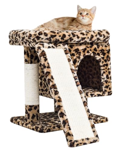 SYANDLVY Small Leopard Print Cat Tree with Perch for Indoor Cats, Cat Tower with Scratching Post, Modern Activity House for Large Cats, Condo with Board, Kittens Cave - color: Leopard Print