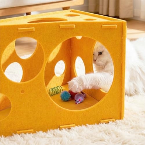 Cat House with 32 Toys, Cheese Cats Cave Hideout with Interactive Holes, Foldable Pet Activity Center, Playhouse Bed with Wand & Balls for Indoor Kitten