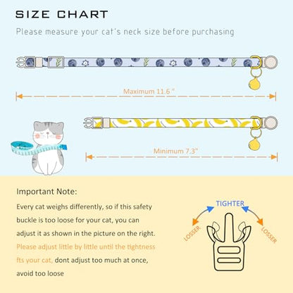 Faygarsle 2 Pack Blueberry Banana Pattern Cat Collars Breakaway Safety Collar with Bell Spring Summer Design for Girl Cats,Yellow Light Blue - color: Blueberry&banana