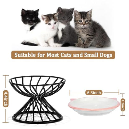 Elevated Cat Bowls,6.3" Wide Raised Ceramic Cat Food Bowl with Anti-Slip Metal Stand for Indoor Cats,Whisker Friendly,Protect Pet's Spine Pet Food Dishes for Flat Faced Cats and Kitten (White) - color: White
