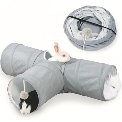 Guinea Pig Tunnel 3 Way Guinea Pigs Hideout Foldable Small Animal Hideaway Play Tube Toys for Bunny Rabbit Hedgehogs Hamster Chinchilla Ferret Accessories(Solid Grey)