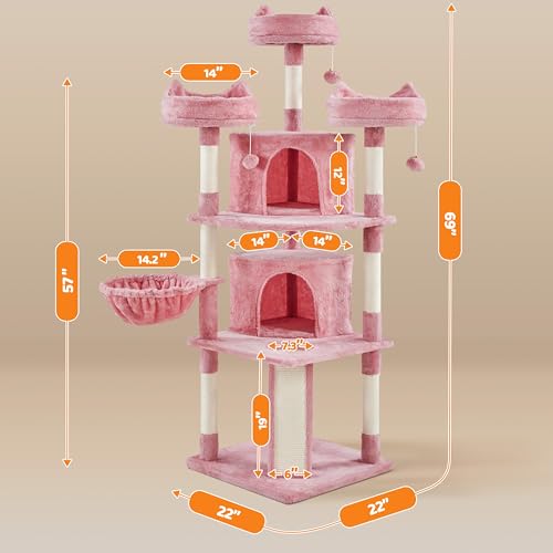 Yaheetech 68.5in Cat Tree for Large Cats, Multi-Level Cat Tower with 3 Wide Perches, Large Condo, Stable Pet Play House w/Sisal-Covered Scratching Posts & Board, Pink - color: Pink, size: 68.5in