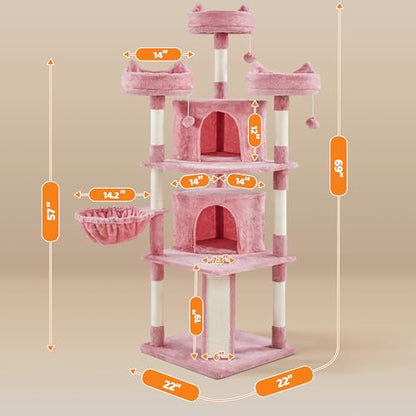 Yaheetech 68.5in Cat Tree for Large Cats, Multi-Level Cat Tower with 3 Wide Perches, Large Condo, Stable Pet Play House w/Sisal-Covered Scratching Posts & Board, Pink - color: Pink, size: 68.5in