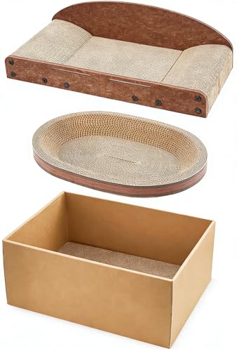 Avont 3-Piece Cardboard Cat Scratcher Set for Indoor Cats, Corrugated Cat Scratchers with Reversible Scratch Pad, Scratch Box and Lounge Bed