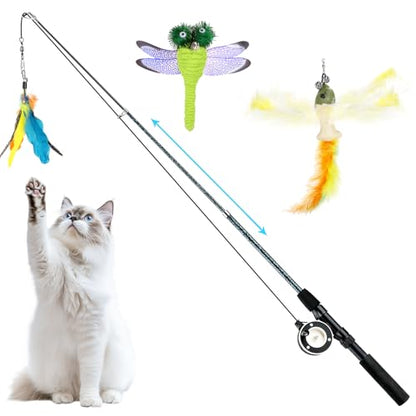 Pawaboo Cat Feather Toys, 4 Pack Interactive Cat Feather Teaser Wand Toys, Retractable Fishing Pole Wand Catcher Exerciser with Refill Fish, Dragonfly Worm with Bells, Blue Yellow Green - color: Bionic Colorful Feather