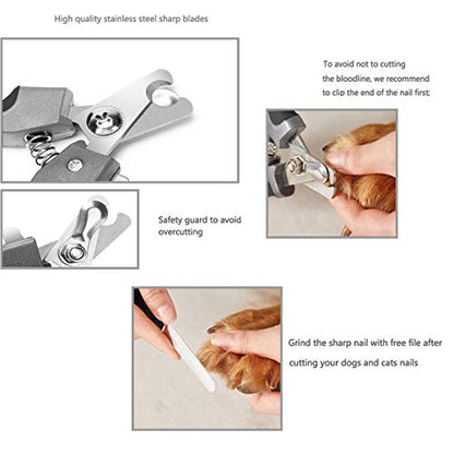 Pet Nail Clippers and Trimmers Set Safety Guard to Avoid Over Cutting Razor Sharp Blades Grooming Tool for All Small Large Dog Cat (Grey) - color: Grey