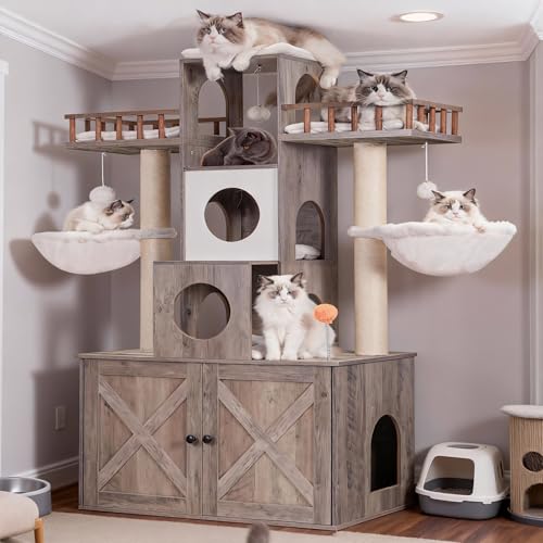 Heybly Cat Tree with Litter Box Enclosure for Indoor Big Cat, Cat Tower for Large Cats 20lbs Heavy Duty, Modern Cat Condo Furniture with Scratching Posts, Rustic Gray HCT110SG - color: Rustic Gray