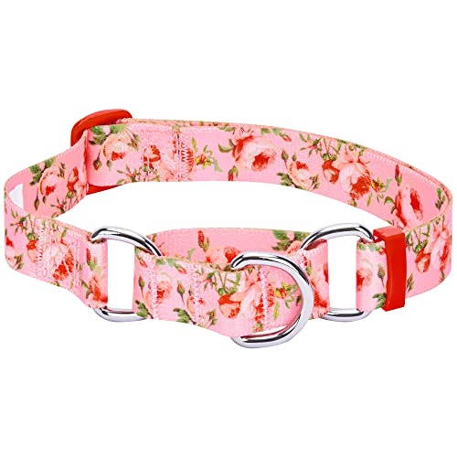 Blueberry Pet Spring Scent Inspired Rose Print Martingale Safety Training Dog Collar, Baby Pink, Large, Heavy Duty Adjustable Collars for Dogs - color: Rose Baby Pink, size: Large