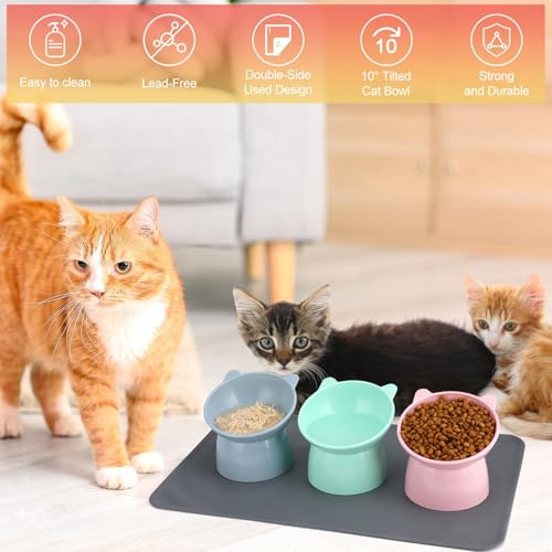 3 Pcs Elevated Cat Bowls 15° Raised Cat Bowl with Silicone Mat Whisker Friendly Anti Vomiting Cats Elevated Food and Water Bowls for Indoor Cats Kittens - color: Pink, Blue, Green