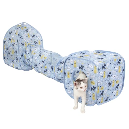 Kitty City Blue Cat-Themed Cat Play Furniture Set, Collapsible Pop-Up Cat Toys Combo with Cube, Tunnel & House, Indoor Cat Playground for Play, Hiding & Lounging - color: G) Cat Print Play Combo (Blue)