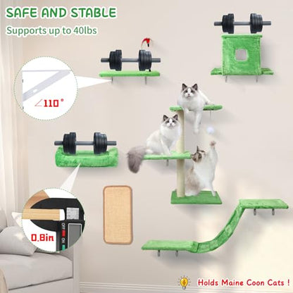 Cat Wall Shelves, 6 in 1 Cat Wall Furniture Set with Condos House, Bed, Bridge, Tree, Steps, Scratching Board, DIY Walls Playground for Indoor (Green) - color: Green