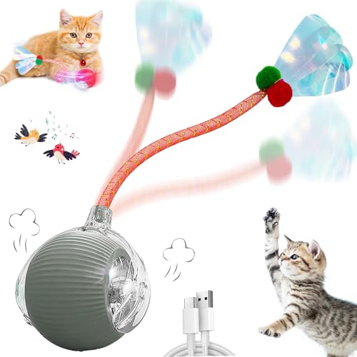 Speedy 2.0 Tail Interactive Cat Toys for Indoor Cats, Automatic Cat Toy with Elastic Mesh Tail, Electric Rolling Ball on Carpet, Chirping and Motion Activate Cat(Grey) - color: Grey