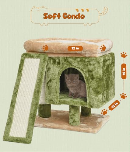 SYANDLVY Small Cat Tree for Indoor Cats, Cat Tower with Scratching Post, Modern Activity House for Large Cats, Condo with Board, Kittens Cave - color: Beige & Green