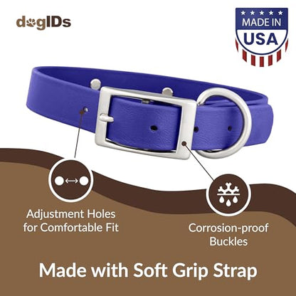dogIDs Personalized Dog Collar – Custom Waterproof Soft-Grip Biothane with Laser-Engraved Nameplate, Durable & Odor-Resistant, USA Made | Blue, 1 in x 16 in (Fits Necks Size 14-18 in) - color: Blue, size: 1 in x 16 in (Fits Necks Size 14-18 in)