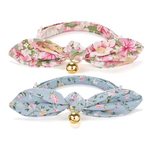 2 Pack Cotton Cat Collar, Removable Bowtie, Floral Pattern, Safety Breakaway Clasp, Adjustable for Cats.(Adult Cat, Pink+Grey) - color: 2 Pack (Pink+Grey)