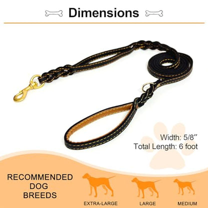 Guiding Star Double Handle Leather Dog Leash 6ft, Heavy Duty Braided Dog Leash with Traffic Handle for Small Medium & Large Dogs (Black, 6ft x 5/8 inch) - color: Black