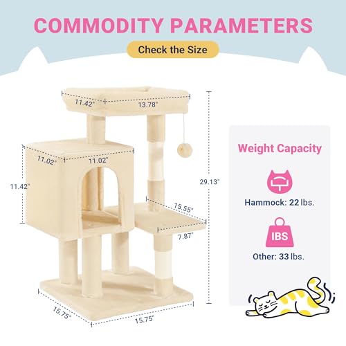 Allewie 29 Inches Cat Tree Tower/Plush Perches Platform/Condo/House/Sisal Scratching Posts/Multi-Level Activity Center Furniture for Kittens/Beige - color: Beige