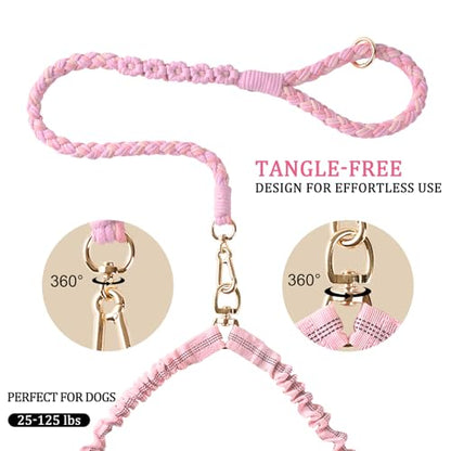 Double Dog Leash – Tangle-Free Dual Leash with 360° Swivel, Shock Absorbing Bungee, Reflective Stitching & Hand-Braided Main Rope (Supports Up to 440 lbs, Pink) - color: Pink