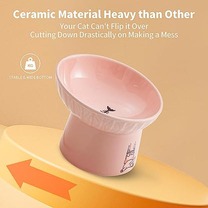 6.5 Inch Extra Wide Ceramic Raised Cat Bowls, Porcelain Tilted Elevated Cat Food Water Bowl Dish, Stress Free Pet Feeder Dishes for Cats & Small Dogs, Whisker Fatigue, White & Pink - color: White & Pink