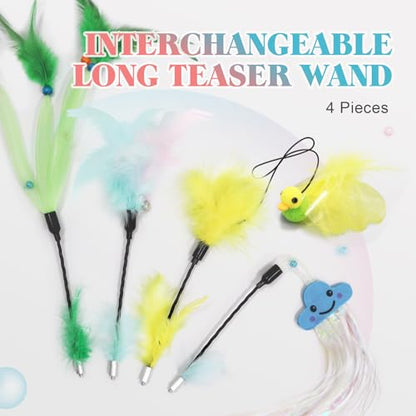 Cat Feather Wand Toy - Cat Teaser Toy Wand with 4 Flexible Feather Teaser Refills, Interactive Cute Tassel Cat Toys for Indoor Cats Kittens - color: Plants