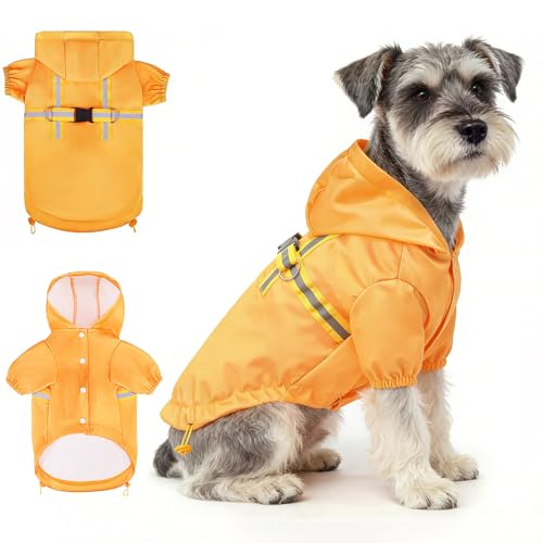 BEAUTYZOO Dog Raincoats for Small Dogs Waterproof, Dog Rain Jacket with Harness Built in, Reflective Doggie Rain Vest with Hood & Leash Ring for Boy Girl Puppy, Pet Slicker Poncho Clothes, Yellow S - color: Solid Yellow, size: S(Back 13.2", Chest 18.5", N