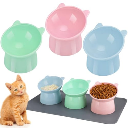 3 Pcs Elevated Cat Bowls 15° Raised Cat Bowl with Silicone Mat Whisker Friendly Anti Vomiting Cats Elevated Food and Water Bowls for Indoor Cats Kittens - color: Pink, Blue, Green