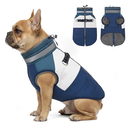 Dog Jacket for Small Dogs Waterproof Dog Coat with Reflective Strips and Harness Built in Warm Fleece Dogs Winter Coat Windproof with Back Zipper, Navy M - color: Navy, size: Medium