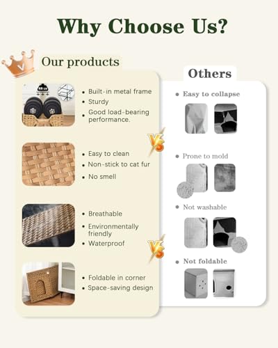 SETVSON Cat Beds Indoor Kitten House, Handwoven Rattan Cat Cave Pet Cube, Large Cat Houses, One Bed Mat, Foldable, Hideaway, 16.5x16.5x13.2 Inches, 2 S-Shaped Hooks in Living Room Bedroom Natural - color: Natural, size: Rectangle-M
