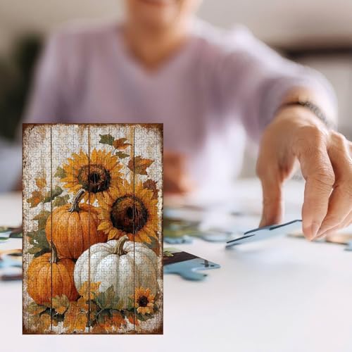 300 Pieces Jigsaw Puzzles for Adults, Fall Sunflower Pumpkin Rustic Wood Art Puzzle, Stress Relief Concentration Training Brain Teaser Puzzle 15.7x11 Inch - color: Wooden Puzzle10, size: 300 Piece pcs