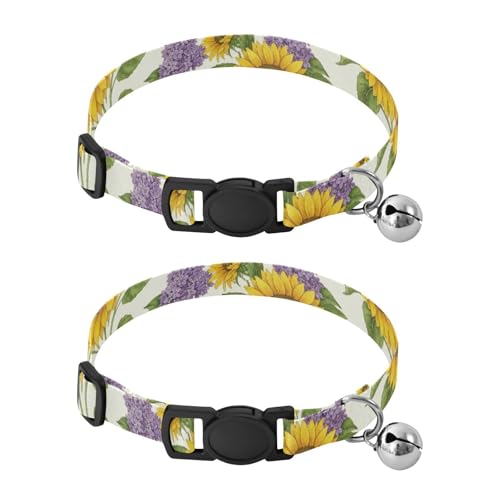 2 Pack Small Dog Collar Yellow Sunflowers Cream Cat Collar with Bell, Adjustable 10.6 to 17.1 Inches - color: Yellow Sunflowers Cream