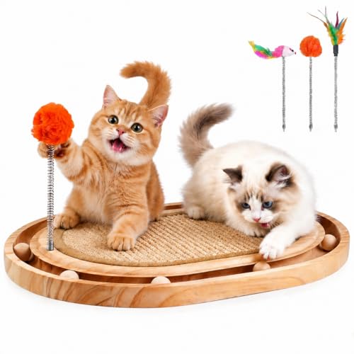 Cat Scratch Pad with Ball Track and Spring Toy, Wooden Cat Scratcher with Sisal Scratching Mat, Ball Track System and 3 Replacement Toy for Cats Scratching,Chasing and Playing (Nature Wood)