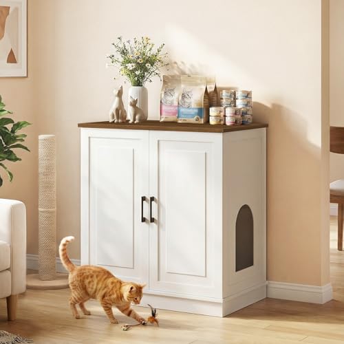 MAHANCRIS Large Cat Litter Box Enclosure, 33.5" Tall Hidden Litter Box Furniture for Small Self Cleaning Litter Box, Farmhouse Wooden Litter Box Cabinet, Cats House, Side Table, White and Walnut