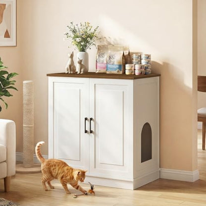 MAHANCRIS Large Cat Litter Box Enclosure, 33.5" Tall Hidden Litter Box Furniture for Small Self Cleaning Litter Box, Farmhouse Wooden Litter Box Cabinet, Cats House, Side Table, White and Walnut
