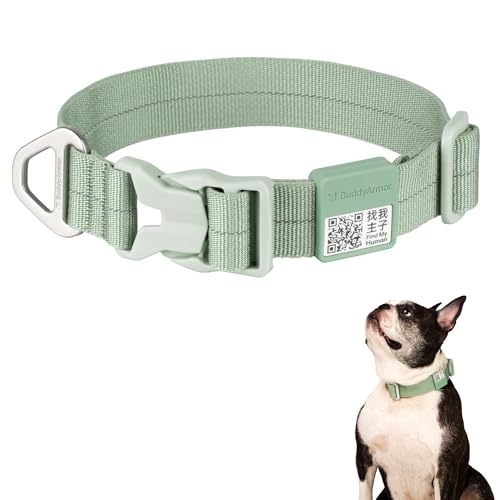 All-Weather Dog Collar Reflective Adjustable Soft Nylon QR Code Anti-Lost Collar Breathable with Quick-Release Buckle Patent Alloy Ring for Small Medium Large Dog (Light-Olive, M) - color: Light-Olive, size: M