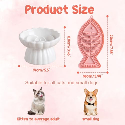 Ceramic Slow Feeder Cat Bowl 5.5inch with Lick Mat,Elevated Food Bowl for Cats and Small Dogs,Cute Flower Shape for Dry and Wet Food-White Bowl+Pink Lick Mat - color: White Bowl+ Pink Lick Mat