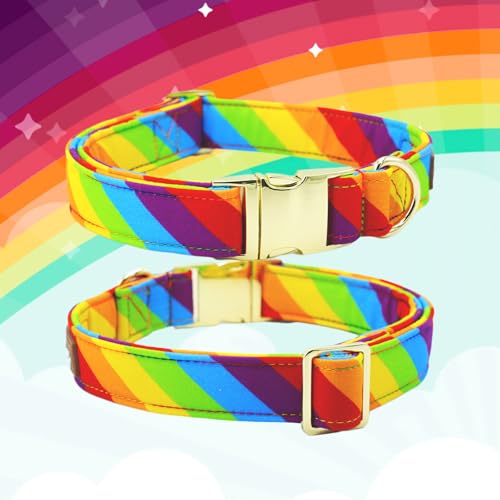 Tunkoo Rainbow Dog Collar with Metal Buckle - LGBTQ+ Pride Month, Soft Cotton Outer, Adjustable for Small/Medium/Large Dogs (Girls & Boys Pets), L - color: D - Rainbow, size: Large