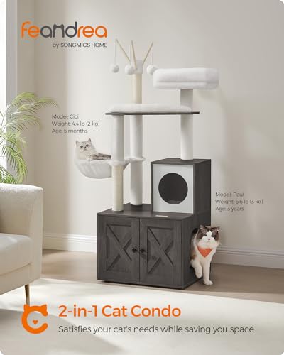 Feandrea Cat Tree with Litter Box Enclosure, 59-Inch Modern Cat Tower, 2-in-1 Condo with Scratching Posts, Washable Removable Cushion, Misty Gray UPCT113G02 - color: Misty Gray