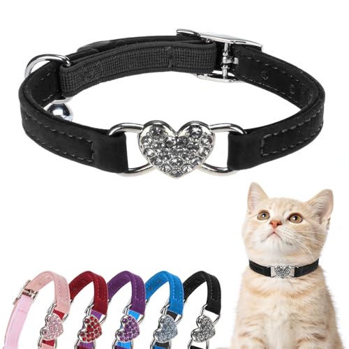 BINGPET Diamond Cat Collar,Adjustable Soft Velvet Leather Safe Kitten Collar with Crystal Heart Charm and Bells,Girl Boy Bling Stylish Cat Collars with Safety Elastic (Black, Neck Girth 6"-8") - color: Black(Heart), size: Neck Girth 6"-8"