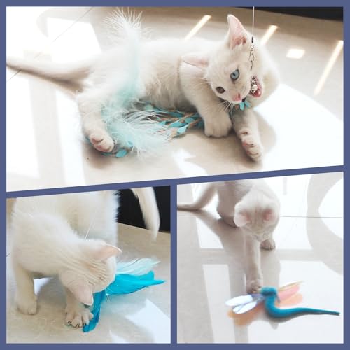 Cat Wand Toys for Indoor Cats - Cat Toy Set with Retractable Teaser Wand and 6 PCS Fairy Feather Toy Refills, Dragonfly Tassel Plush Cat Toys Interactive, Blue - color: Blue