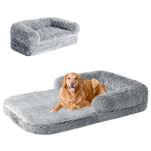 EHEYCIGA Foldable XXL Dog Bed for Large Sized Dog, 54"x38"x7.5" Faux Fur Fluffy Pet Couch Bed, Orthopedic Calming Memory Foam Big Pet Bed, Washable Pet Sofa Bed with Non-Slip Bottom, Grey - color: Grey, size: 54x38x7.5(Folded 38x27)