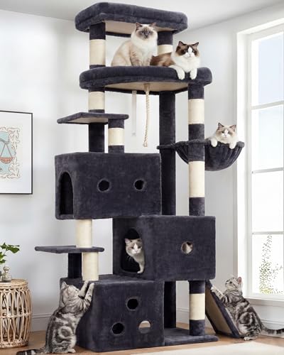 Heybly Cat Tree, 74-Inch Streamlined Cat Tower for Large Cats with 3-Tier Stacked Condos, Cat Furniture with Large Perch, Sturdy Base, Full Sisal Scratching Posts & Ramp, Smoky Gray HCT061G - color: Smoky Gray