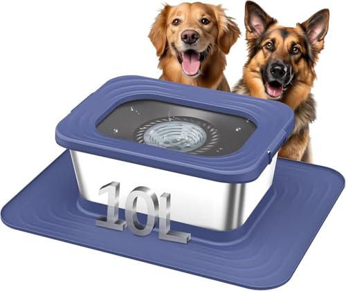 Decflow 10L Stainless Steel Dog Water Bowl, No Spill Anti-Splash Dog Bowls with XXL Silicone Mat, Spill-Proof Slow Feeder for Messy Drinkers, Heavy Duty Pet Bowls for Indoor/Outdoor Use Blue - color: Blue, size: 10l