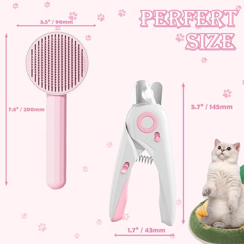 Self Cleaning Cat Brush for Shedding, LED Light Nail Clipper, Nail Clipper and Nail File, Slicker Brushes and Nail Trimmer for Long Haired Cats, Grooming Kit, Cat Lover Gifts - color: Pink