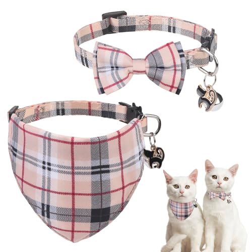 SCENEREAL Plaid Cat Collar with Bow Bandana - 2 Pack Breakaway Kitten Collar with Removable Bowtie Bell, Adjustable Cute Cat Collar for Cats Kittens, Beige - color: Bandanas & Bow (Plaid - Beige)