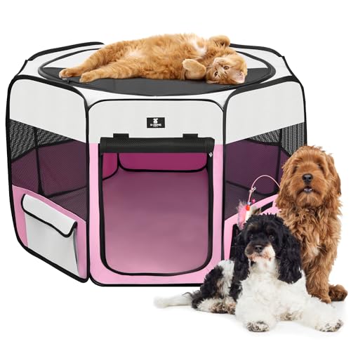 X-ZONE PET Dog Playpen Portable Pet Play Pens for Puppies, Cat, Rabbit, Chicks, Foldable Exercise Play Tent Kennel Crate, Indoor/Outdoor Travel Camping Pink Small - color: A Pink, size: Small
