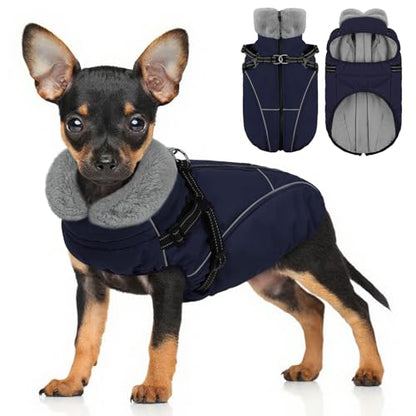 Dog Jackets for Small Dogs, Dog Coat with Harness Built in, Reflective Pet Fleece Vest with Turtleneck, Dark Blue S - color: Dark Blue, size: Small
